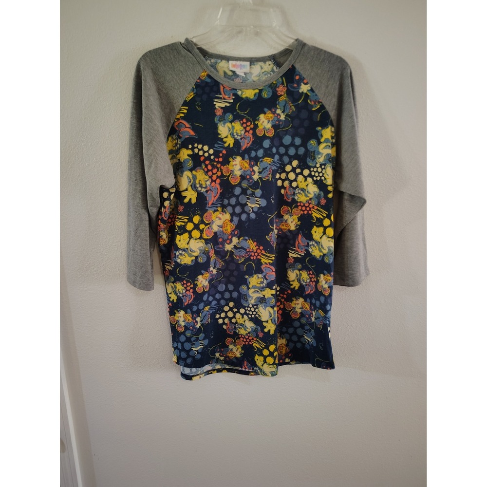 LuLaRoe Randy Baseball Tee Navy Yellow Floral Polka Dot Raglan Sleeve Large